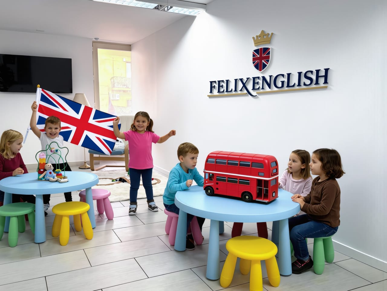 Bambini attorno ai tavolini colorati con una bandiera inglese e un modellino di bus londinese